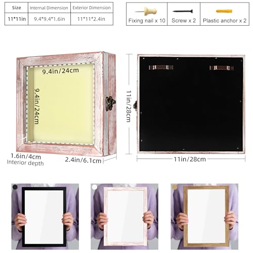 Image of TJ.MOREE Shadow Box 11 x 11 Display Case Wood Picture Frame White Pink | Memory Box with Linen Back for Memorabilia, Bouquet, Military Medals, Pet Memorial Gifts