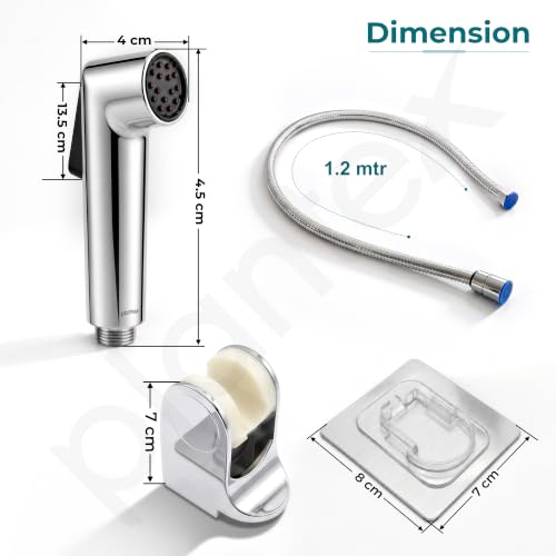 Image of Plantex Health Faucet Set /ABS Jet Spray with 1.2M Stainless Steel Hose Pipe for Toilet /Self Adhesive Hand Shower Holder /No Drilling Wall Mount - (Chrome, Combo)