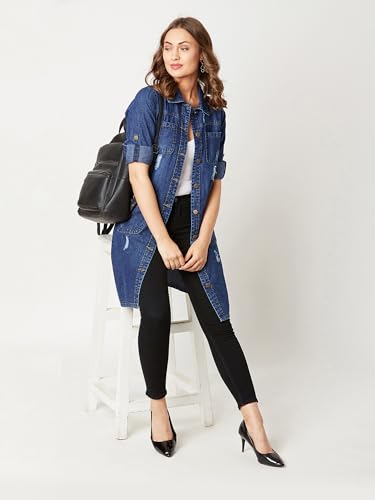 Image of Miss Chase Women's Polo Neck Full Sleeves Patch Pocket Denim Overcoat Knee-Length Jacket