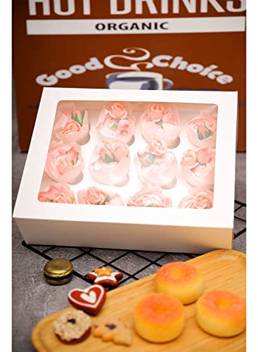 Image of Bakepacker Auto-pop Up Cupcake Boxes with Window White 40PCS 12 Count Cupcake Box 13 inchx10 inchx3.5 inch Cupcakes Carrier, 12 Cupcake Containers with 2 rolls of pink ribbons