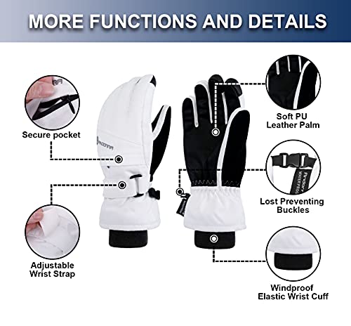 Andorra Snow Gloves Women Touchscreen Zipper Pocket Ski Gloves Waterproof Gloves Women, White, S #TOP4