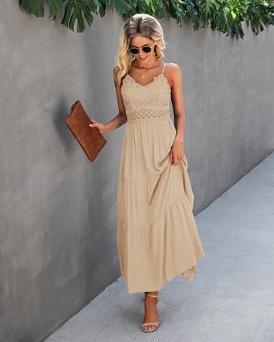 Image of Dokuritu Women's Beach Crochet Lace Maxi Dress Solid Color Summer Vacation Wedding Guest Spaghetti Strap Long Dress