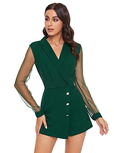 Shein Women's Notch Collar Mesh Sleeve Button Wrap Trim Jumpsuit Short Wide Leg Romper Dark Green Medium #TOP4