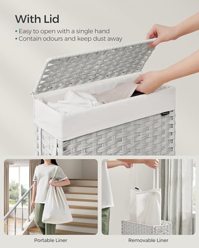 SONGMICS Slim Laundry Basket, 55L Synthetic Rattan Storage Basket with Lid and Handles, Wicker, Foldable, Removable Liners, for Blankets, Clothes, Laundry Room, Cloud White LCB164W01