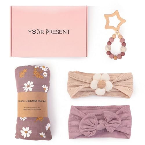 Image of Baby Girl Gifts Newborn Baby Shower Gift Set, Baby Muslin Swaddle Blanket for Girls with Cute Headband Bow， Baby Silicone Teether