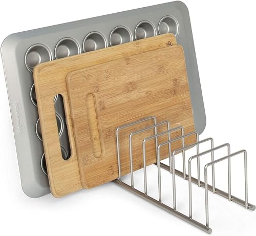 Image of Spectrum Euro Kitchen Organizer Cutting Board Holder Stand for Countertop or Inside Kitchen Cabinet Organization Gold, 8 Slot Cutting Board Drying Rack or Cabinet Plate Bakeware Storage Organizer