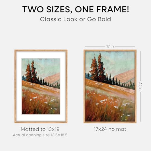 Image of Homeforia 17x24 Picture Frame Natural Wood, High End Oak 17x24 Light Wooden Poster Frame with Mat 13x19, 17 x 24 Frames Matted to 13 x 19 Photo, 24x17 Hanging Frame, Tempered Glass, Wall Kit, Set of 2