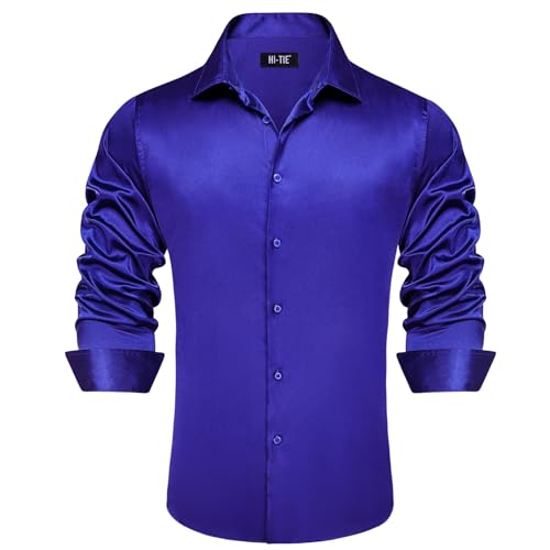 Image of Hi-Tie Men's Silk Satin Dress Shirts Long Sleeve Shiny Casual Button Up Shirts Luxury Party Disco Prom Wedding Shirt
