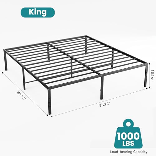 Image of Sweetcrispy King Size 16 Inch Platform Bed Frame, Heavy Duty Metal Foundation Frame, Noise-Free Sturdy Steel Slats, Underbed Storage, No Box Spring Needed, Quick Setup