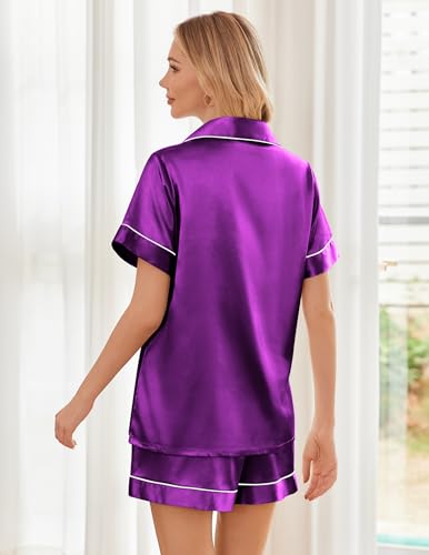 Image of Ekouaer Womens Silk Satin Pajama Sets Soft Short Sleeve Button Down Sleepwear Top and Shorts 2 Piece Pjs Lounge Set