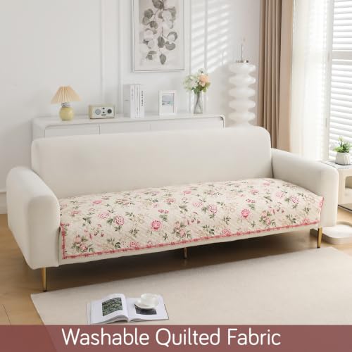 Image of HOKIPO 'HomeHues Series' Printed Quilted Sofa Cover Mat for 2 Seater Sofa, Beige Peonies (IN-807-D3*1)