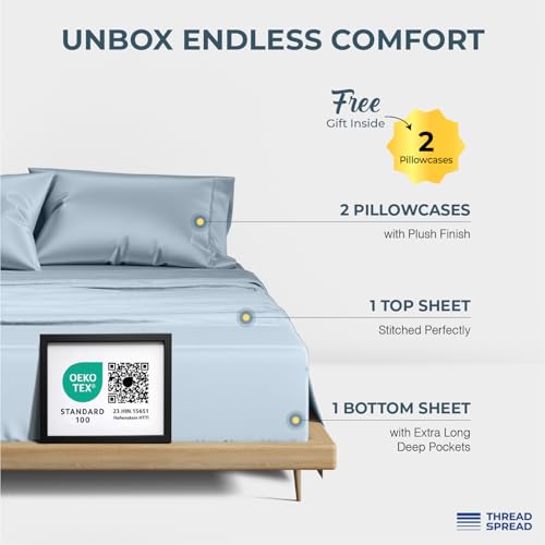 Image of THREAD SPREAD 100% Egyptian Cotton Sheets Queen Size - Luxury 1500 Series Queen Sheet Set Egyptian Cotton (4 PC, Light Blue), Silky Soft, Sateen Weave, Cooling & Breathable, 17 inch Deep Pocket Bed Set