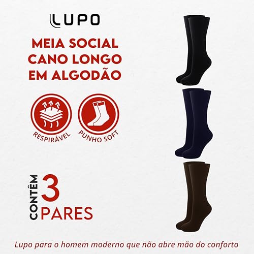 LUPO Kit 3 Pares Meia Social Masculina Algodão Cano Longo Confortável, 1 Café - 1 Marinho - 1 Preto,