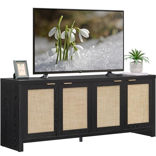 SICOTAS TV Stand for Living Room Boho Entertainment Center for Bedroom with 4 Rattan Cabinets Farmhouse Television Stands with Storage Large Media Console Table for TVs up to 65 Inch