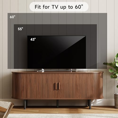 Image of ONBRILL 55 inch TV Stand with Power Outlet for TVs up to 60 Inch, Entertainment Center with Storage and Adjustable Shelves, Modern Media Console with Sliding Doors for Living Room, Walnut