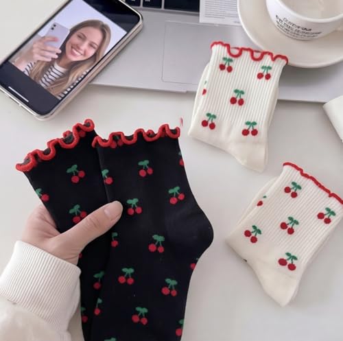 Image of Women's Cute Crew Socks, Casual Athletic Cotton Bowknot Cherry Calf Novelty Socks for Women