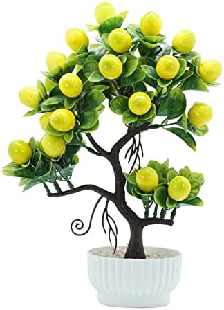Ohstgp Artificial Lemon Tree Potted 14 Inches Mini Faux Fruit Lemon Tree Bonsai with Vase Yellow Fake Lemon Plant Tree Desk Decoration Farmhouse Style Home Table Centerpiece, 34cm/13.4inch