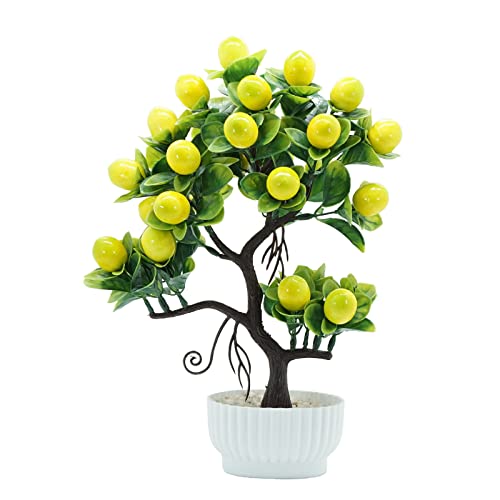 Ohstgp Artificial Lemon Tree Potted 14 Inches Mini Faux Fruit Lemon Tree Bonsai with Vase Yellow Fake Lemon Plant Tree Desk Decoration Farmhouse Style Home Table Centerpiece, 34cm/13.4inch