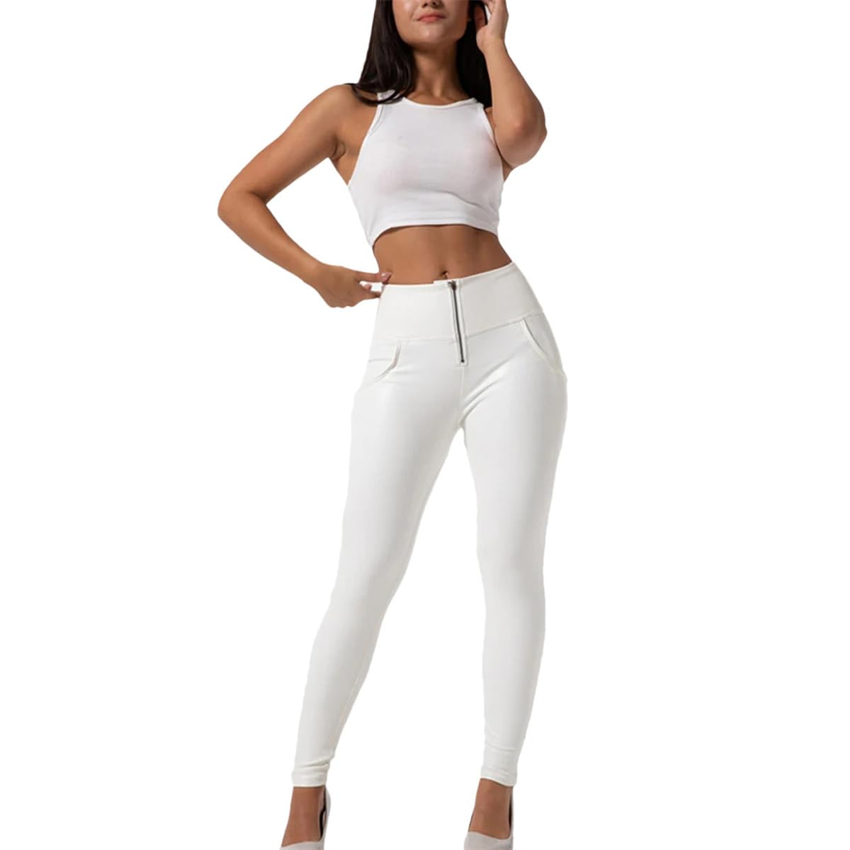 Weiße Damenhose Aus Kunstleder, Pu-Hose, Hohe Taille, Kunstleder, Stretch