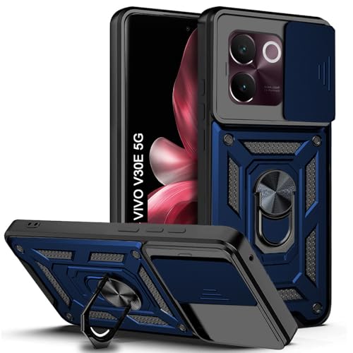 Image of AESTMO Polycarbonate Armor Vivo V30E 5G Bumper Back Case Cover|Ring Holder & Sliding Camera Shield Cover|360 Degree Protection Back Case Cover for Vivo V30E 5G (Blue)