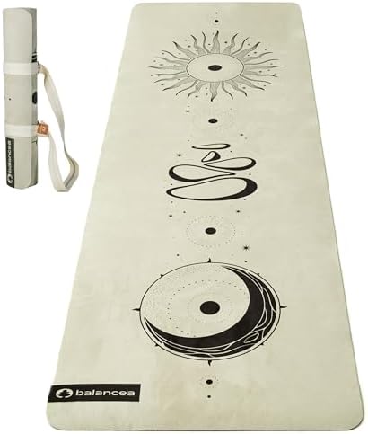 Yoga Mat With Strap 5mm Non Slip Suede & TPE - Beige Eco-Friendly Fitness & Exercise Mat for Home Gym, Pilates, Hot Yoga, and Meditation - Lightweight Durable 72 x 24 inch Workout Mat for Women, Men