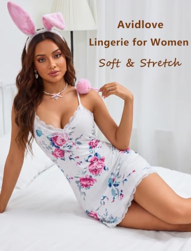 Image of Avidlove Lingerie for Women Sexy Chemise Nightgown Babydoll Lace Nightgown | Lingerie, Lace Trim, Soft Modal, Adjustable Spaghetti Straps, Split Hem, V Back Design, Sexy Nightie