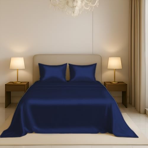 Image of Luxe Ere Satin Bedsheet Single Size (60x90) | 300 TC Ultra Smooth Silky Soft Luxury Satin Bed Sheet with 2 Pillow Covers | Premium Satin Bedsheets for Single Bed - Imperial Indigo