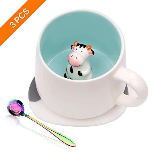 Ozazuco Cute 3D Cow Inside Coffee Mug Tea Cup Funny Handmade White Ceramic Coffee Cup for Friends Roommate Family or Kids Animal Coffee Cup as Surprise Gift Idea Birthday Gift 13.5 OZ