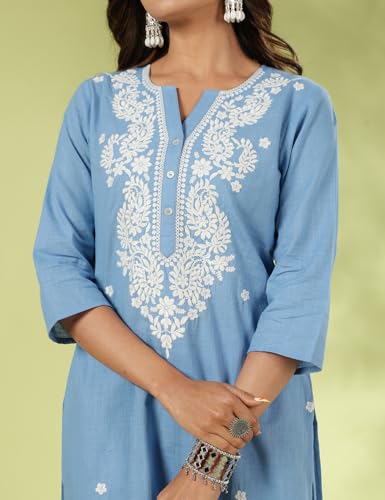 Image of Kaari Chikankari Embroidered Kurta Set for Women- 100% Cotton | Yoke Detailing | Three Piece Kurta Set with Dupatta | Sleeve