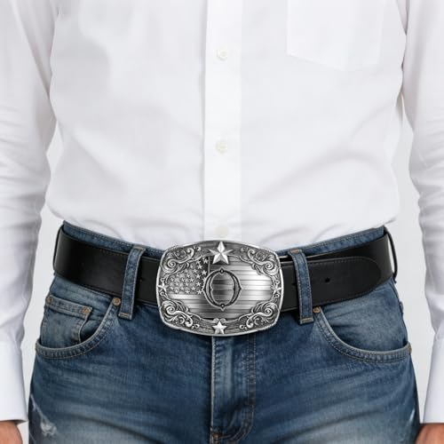 Image of Western Belt Buckle for Men Vintage Cowboy Rodeo Texas Initial Letter ABCDJMR to Z Belt Buckles