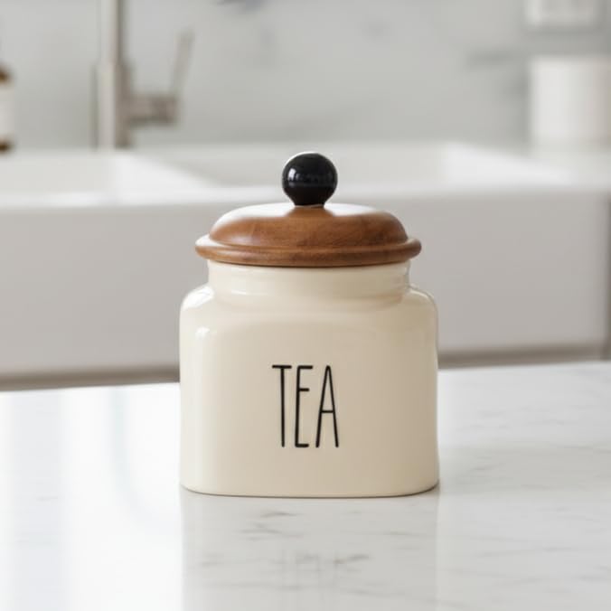 Image of Ceramic Tea Jar Container Airtight Kitchen Storage Containers with Wooden Lids - Handcrafted Ceramic Canisters for Countertop, Pantry & Home Decor - 600ml, Beige