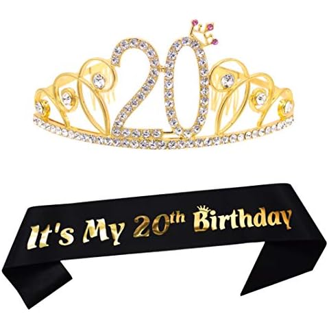 Dgasin 20th Birthday Tiara and Sash Happy 20th Birthday Party Supplies 20th Birthday Glitter Satin Sash and Crystal Tiara Princess Birthday Crown for Girls 20th Birthday Party Decorations Cover