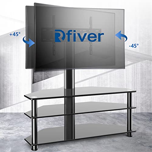 Rfiver Swivel Glass Tv Stand With Mount For 32-70 Inch Flat Or Curved Screen Tv Up To 110 Lbs, Height Adjustable Corner Floor Entertainment Center With Tv Mount And 3-Tier Storage For Av Media #TOP4