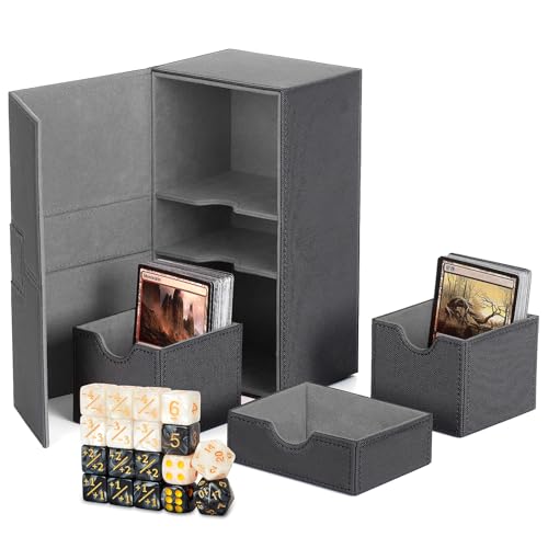 Jicoyin Magic Karten Box Sideflip Box Leder Spielkartenbox 3 Fächer Kartenaufbewahrung mit 18 Würfeln, kompatibel mit MTG TCG CCG für 200 gesleevte Karten, Grau Schwarz (Classic, Schwarz, Grau)