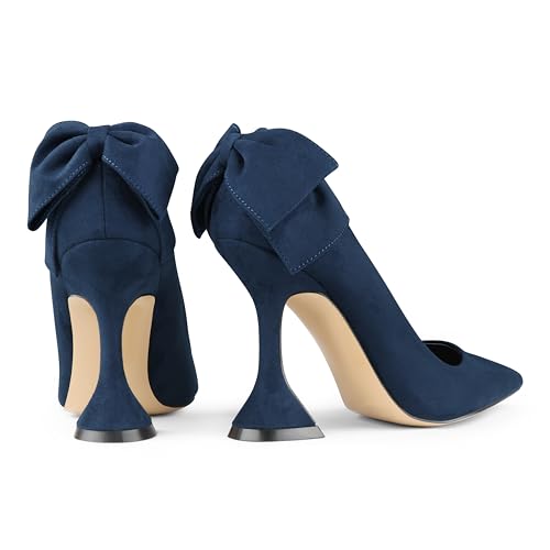 Image of Zzheels Women's Bow Heels Pointed Toe Chunky Pumps | Back Bow, Flare Heels, Block Heels, Bridal Wedding Shoes