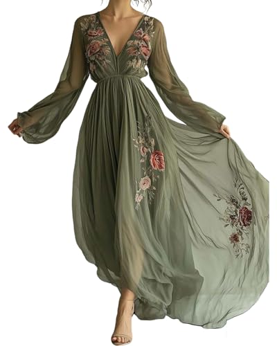 Womens Elegant Floral Embroidered Long Sleeve Maxi Dress, Deep V Neck Transparent Long Sleeves Cinched Waist Maxi Dress