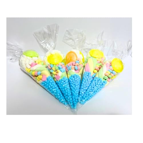 10 x Pre Filled Party Sweet Cones Assorted Candy Treat Bags Retro Sweets Marshmallows Rainbow Mix Kids Birthday Wedding Christening Favours Gifts Colourful Snack Selection (10 Blue Bubblegum Mix)