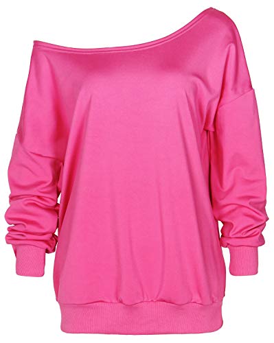 Smile Fish Women Casual Oversized Sweatshirt Print Off The Shoulder Pullovers 80s Neon Hot Pink L
