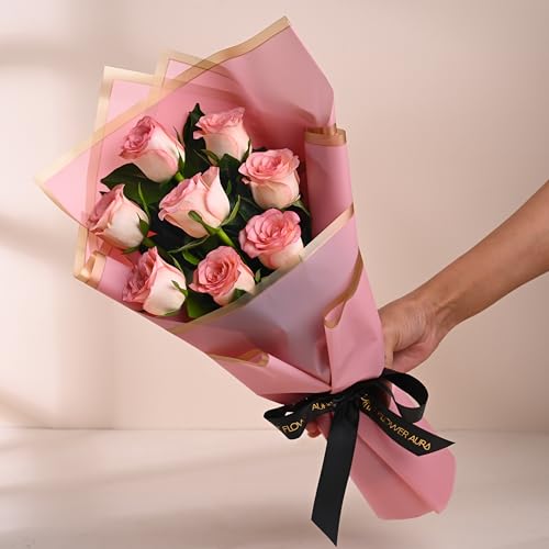 Image of FlowerAura Premium Fresh Live Flower Bouquet of 8 Pink Roses In Designer Paper Gift For Birthday | Anniversary | Love | Home Decor | Fathers Day Gift For Dad (Same Day Delivery)