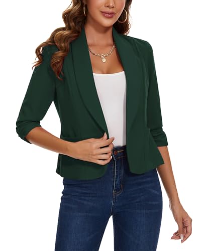 LADI TREND Blazer ouvert sur le devant pour femme - Veste de costume à manches 3/4 froncées - Cardigan décontracté avec poches plaquées, Gn-vert foncé, M