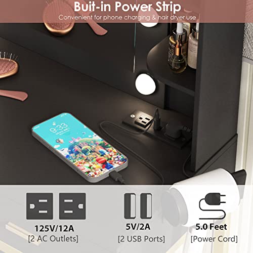 Image of Vanity Desk with Mirror and 10 Led Lights, with Charging Station, Makeup Table Set with Lighted Morror, with 3 Lighting Modes and 2 Drawers&Cushioned Stool for Bedroom