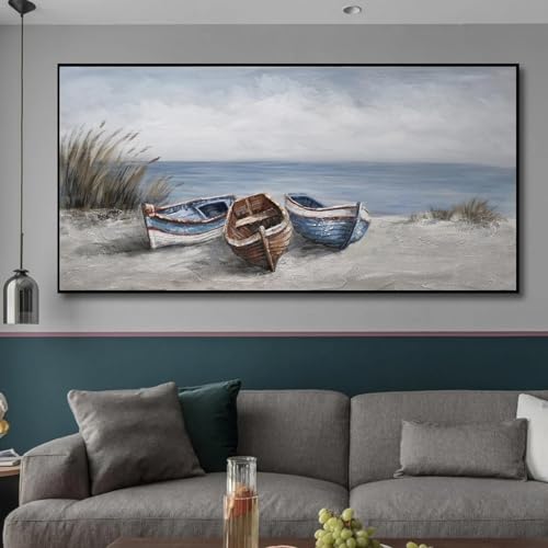 JACBON Peinture à l'huile abstraite sur toile avec 3 bateaux, bord de mer, plage, bateau, affiche nordique, images pour salon, décoration murale, 60 x 120...