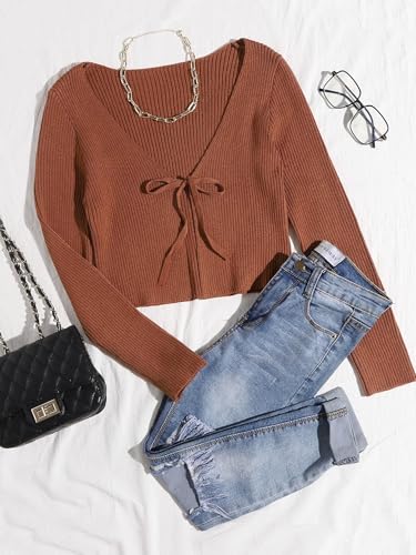 Image of Floerns Women's Tie Front Long Sleeve Rib Knit Shrug Sweaters Cardigan Crop Top
