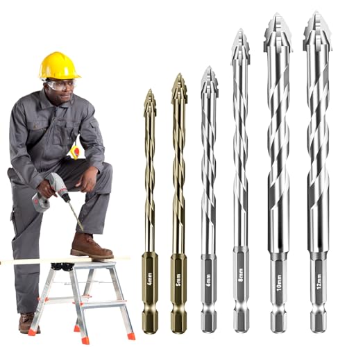 Exzenterbohrer Set, 6 tlg Vierschneidiger Sägezahn Exzenterbohrer,Sägezahnbohrer, 4/5/6/8/10/12 mm Hochfeste Exzenterbohrer mit 4 Schneiden für Holz, Metall, Beton, Glas, Keramik, Bohren