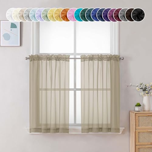 Image of Chyhomenyc Taupe Sheer Curtains 36 inch Length 2 Panels, Light Filtering Voile Rod Pocket Short Window Curtians for Bathroom Living Room Farmhouse Small Windows, 42Wx36L inches