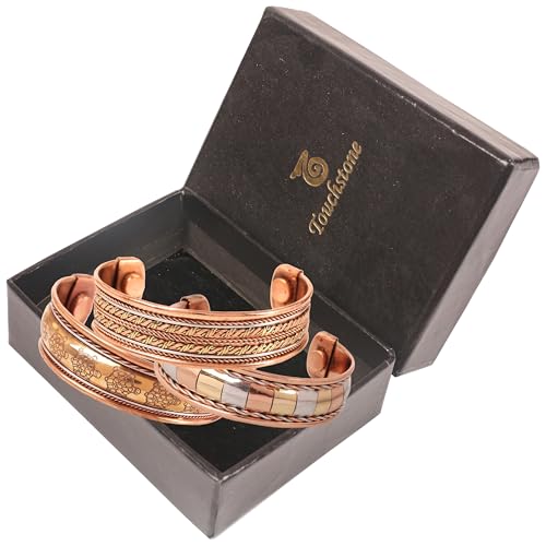 Image of Touchstone copper bracelets | gift for men women |adjustable 100% pure solid real magnetic jewelry | handmade bracelet set combo | rope braided tibetan bangles.
