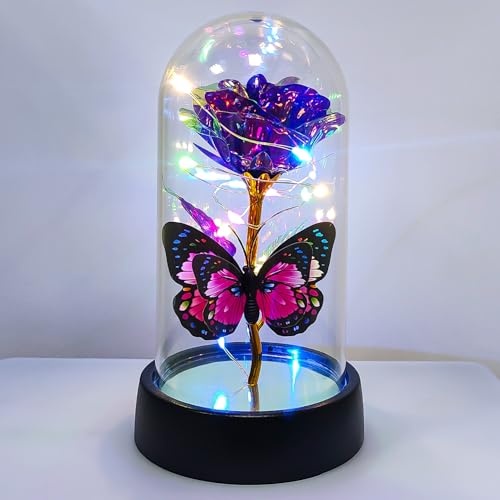 Rose Flower for Mother's Day Ideas, Mothers Day Flowers Gifts for Mom Wife from Daughter Son Husband, Forever Galaxy Rosas Eternas,Light Up Flower In Glass Dome, birthday Butterfly Gifts for women
