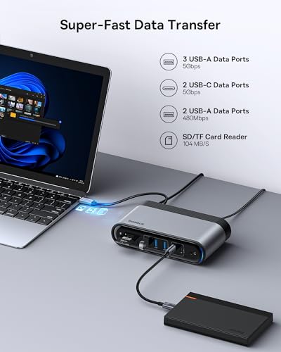 Baseus 17-in-1 Laptop Docking Station 3 Monitors with 4K HDMI+DP, USB C Docking Station with 7 USB, 1000Mbps Ethernet, 100W PD, Card Readers Compatible with Acer/HP/Lenovo/Mac/Dell