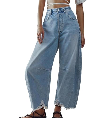 LifeShe Barrel Jeans for Women Mid Rise Wide Leg Denim Pants Baggy Boyfriend Raw Hem Trousers