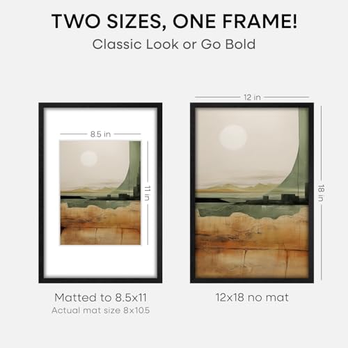 Image of Homeforia 12x18 Frame Black Wood, High End Oak 12x18 Picture Frames with Mat 8.5x11 Photo, 12 x 18 Wooden Poster Frame Matted to 8.5 x 11 Print, 18x12 Hanging Frame, Tempered Glass, Wall Kit, Set of 1